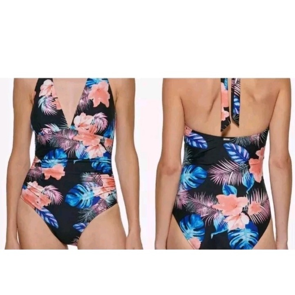 DKNY Women's Medium One Piece Tummy Control Bathing Suit Black Floral UPF NWT
